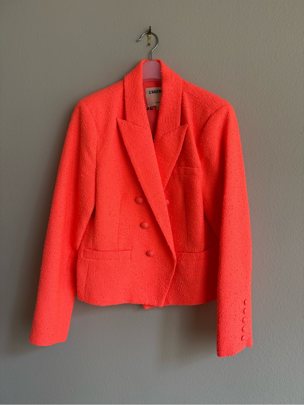 L'AGENCE Coral-Red Double-Breasted Bouclé Blazer